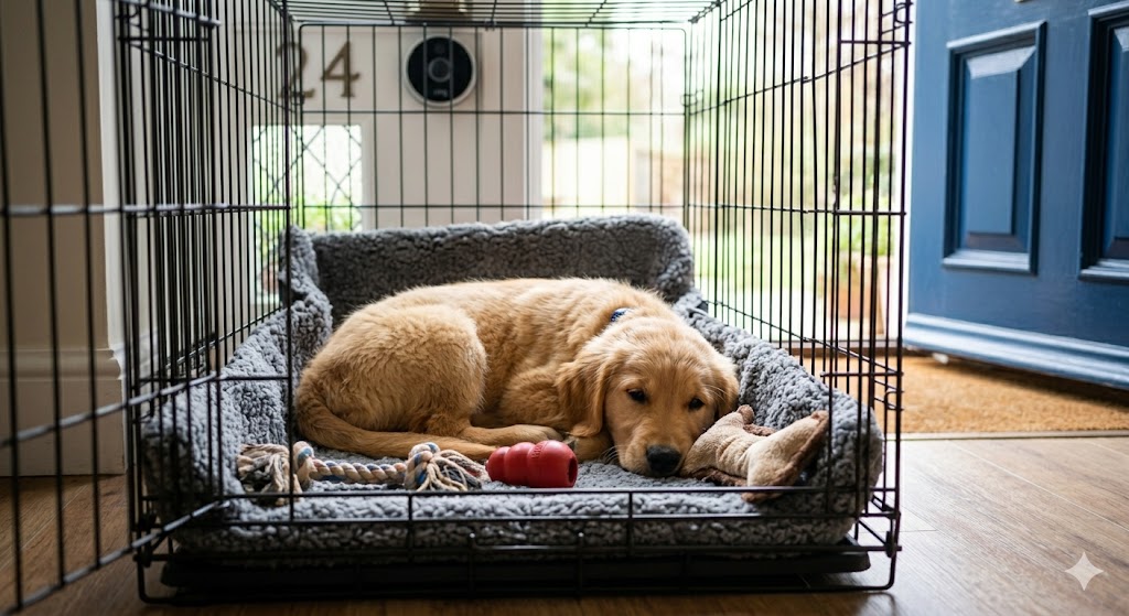 Puppy crate training using Kathy Santo's crate love method