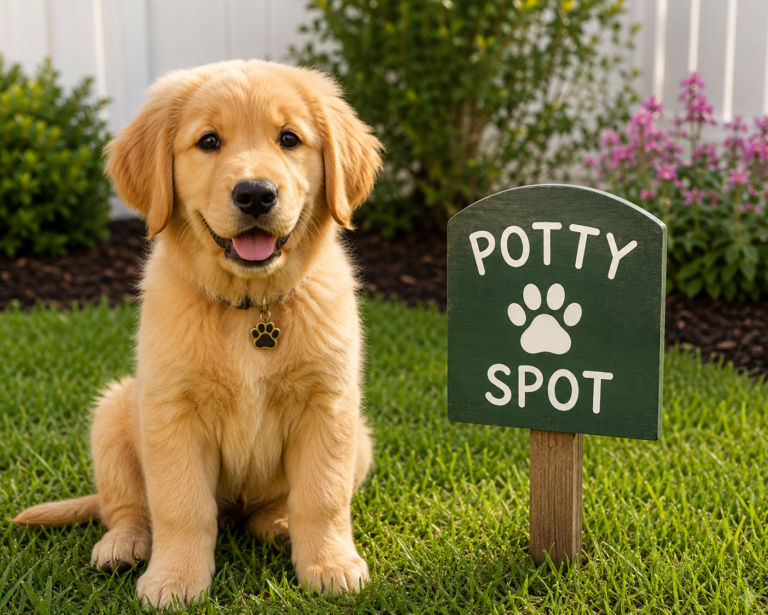 Puppy sitting outside at its designated potty training spot