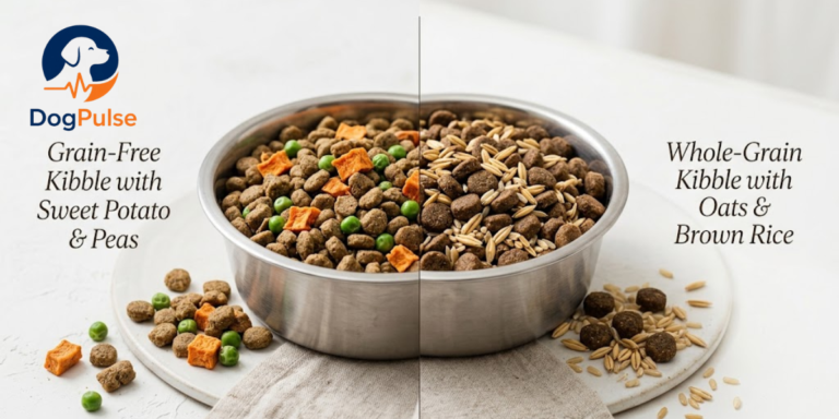 Grain-free dog food next to grain-inclusive dog food in matching bowls