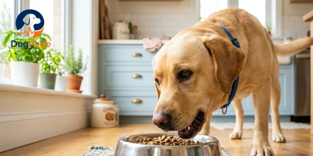 Grain-free dog food next to grain-inclusive dog food in matching bowls